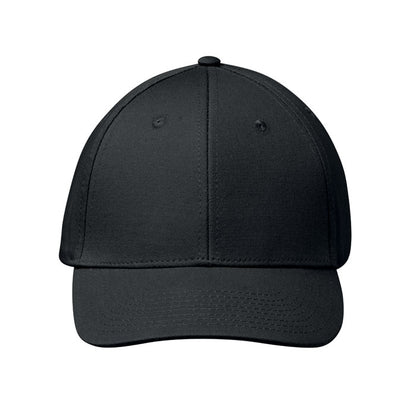 Vista frontal de gorra de 6 paneles negra