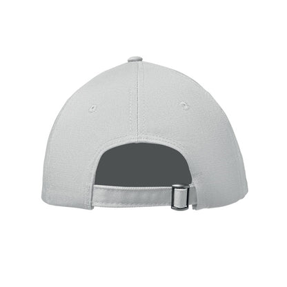 Vista trasera de hebilla de gorra blanca de 6 paneles