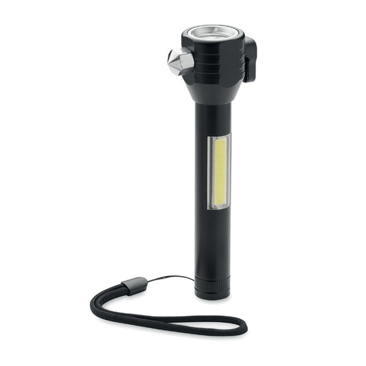 Linterna de aluminio negra con diseño compacto, incluye correa de mano y luz COB lateral, ideal para emergencias.