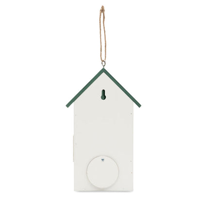 Vista trasera de casita para pájaros de madera blanca