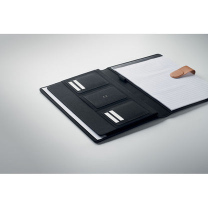 Carpeta portadocumentos con bloc de hojas y varios compartimentos para tarjetas