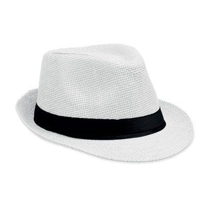 Sombrero blanco con cinta negra vista lateral