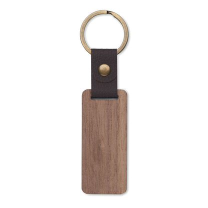 Llavero rectanguar de madera con detalle de PU marrón 
