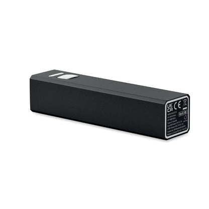 Cargador portátil en aluminio negro con diseño compacto y ligero