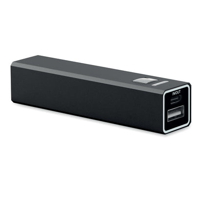 Powerbank compacto de 2600 mAh con carcasa de aluminio reciclado negro
