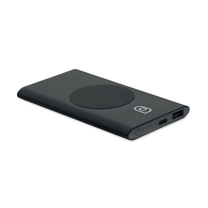 Vista lateral de powerbank negro inalámbrico con logo