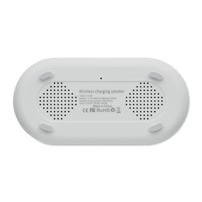 Altavoz de sobremesa gris con detalles suaves y pantalla informativa