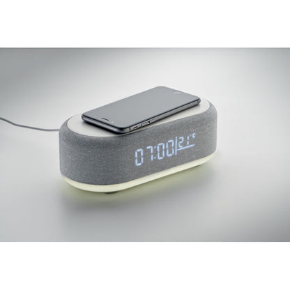 Altavoz gris con función de alarma, reloj y diseño elegante para espacios de trabajo