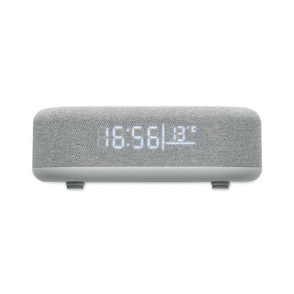 Altavoz con diseño moderno en ABS gris y pantalla LED frontal para hora y temperatura