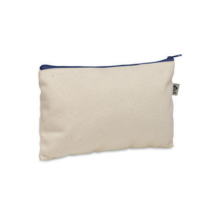 Neceser rectangular de algodón color crudo con cremallera azul marino y con etiqueta con símbolo de algodón orgánico en el lateral