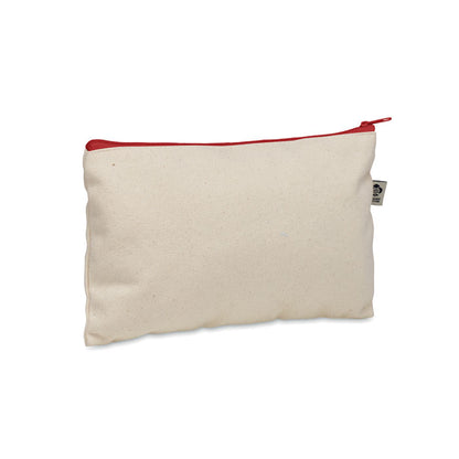 Neceser rectangular de algodón color crudo con cremallera roja y con etiqueta con símbolo de algodón orgánico en el lateral
