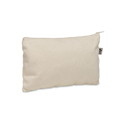 Neceser rectangular de algodón color crudo con cremallera beige y con etiqueta con símbolo de algodón orgánico en el lateral