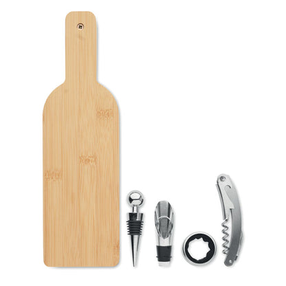 Set de accesorios para vino en caja de madera en forma de botella