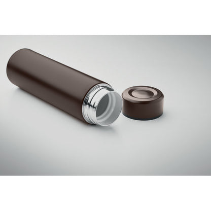 Botella tumbada marrón de acero con tapón quitado