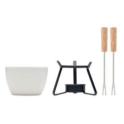 Set de fondue con dos tenedores metálicos y mangos de madera.