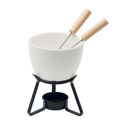 Juego de fondue de cerámica blanca para dos personas.