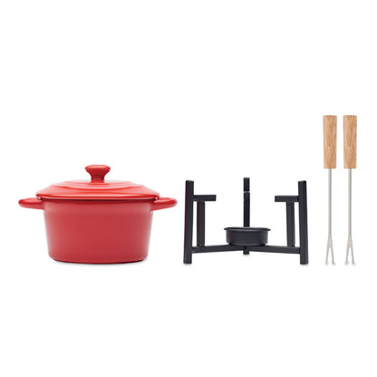 Vista frontal del set de fondue para dos personas con diseño compacto.