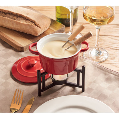 Fondue roja con tapadera, tenedores y soporte para vela
