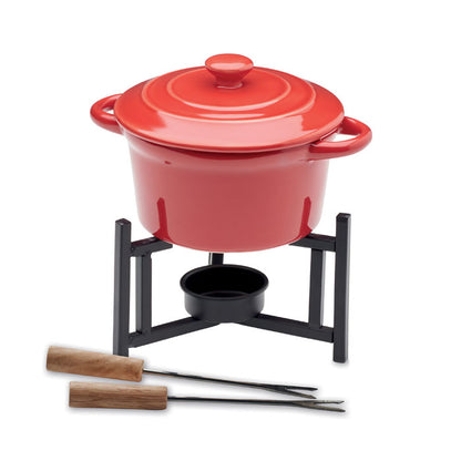 Fondue de cerámica con tapa de color rojo con tenedores