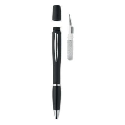 Bolígrafo negro con kit de limpieza de auriculares con pluma metálica, esponja y cepillo