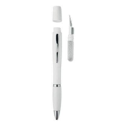 Bolígrafo blanco con set para limpiar auriculares con pluma metálica, esponja y cepillo