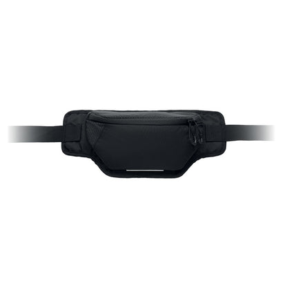 Riñonera negra de nylon 420D repelente al agua, con diseño ergonómico.