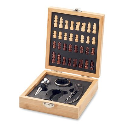 Set de vino con sacacorchos, descapsulador, tapón y anillo antigoteo.