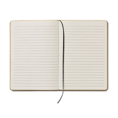 Vista de hojas de libreta de cartón con marcapáginas negro