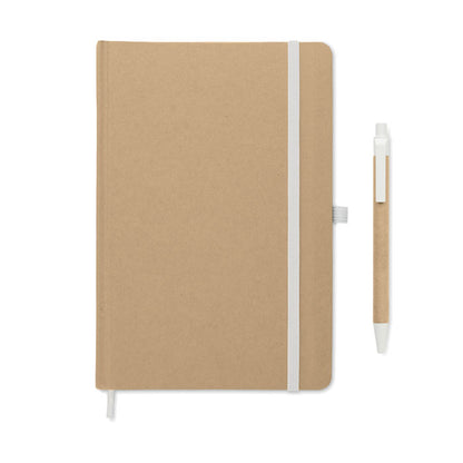 Libreta marrón con goma blanca y boli a juego 