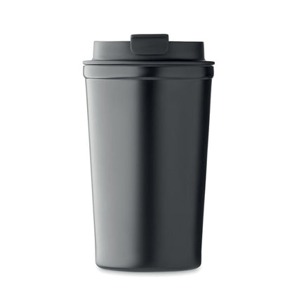 Vista frontal vaso de acero negro con tapa