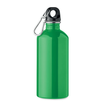 Botella verde de acero con tapón y mosquetón