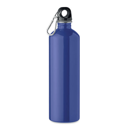 Botella de acero reciclado con tapa y mosquetón. azul