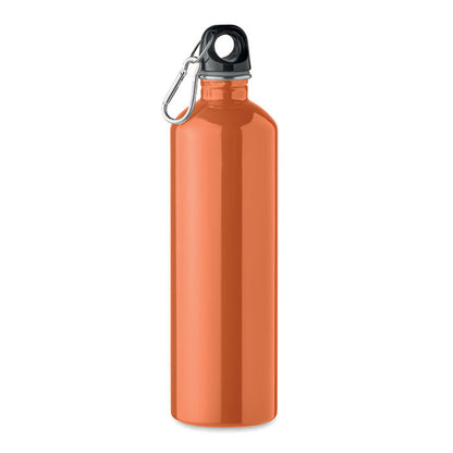 Botella de acero reciclado con tapa y mosquetón. Naranja