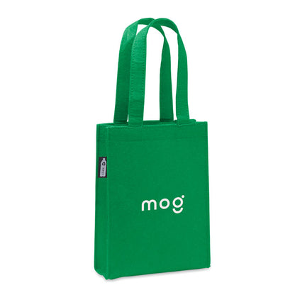 Bolsa de fieltro reciclado verde personalizada con logotipo de color blanco en una cara