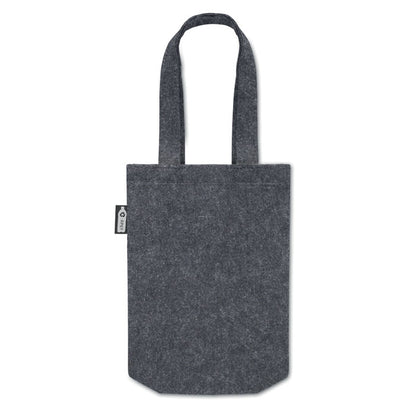 Totebag pequeña de fieltro gris con etiqueta con símbolo de RPET cosida en el lateral y con fuelle inferior