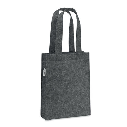 Bolsa gris pequeña de fieltro reciclado con asas cortas y fuelle en la base