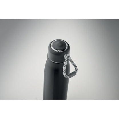 Vista superior de  Botella de acero negro con tapa con cordón