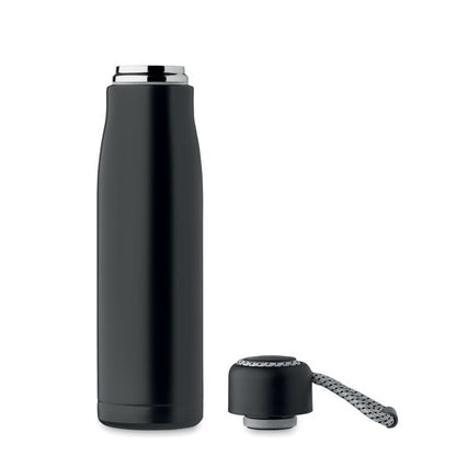 Botella de acero negro con tapón al lado