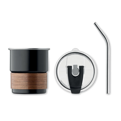 Vaso negro de acero reciclado con pajita reutilizable y funda de madera