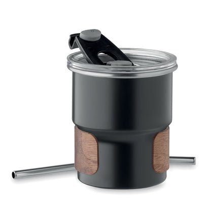 Vaso sostenible de acero inox reciclado con tapa antifugas y revestimiento de acacia