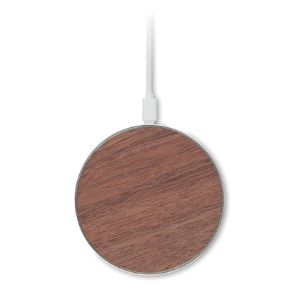 Cargador redondo inalámbrico con superficie de madera de nogal