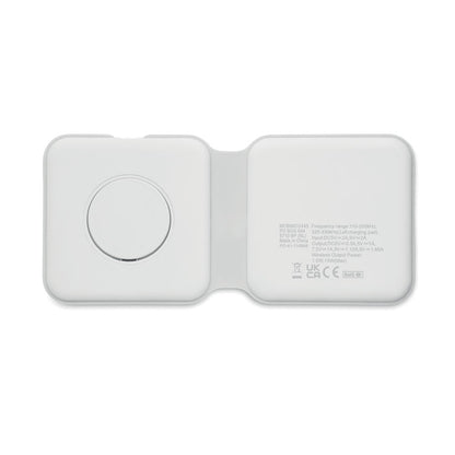 Soporte de carga plegable blanco para smartphone y Apple Watch con acabado ABS.