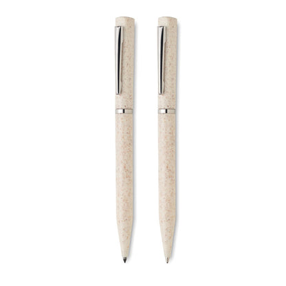 Dos bolígrafos color beige de paja de trigo con detalles y clip cromados