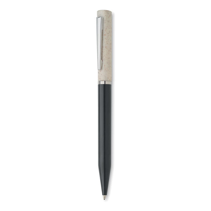 Bolígrafo de paja de trigo/ABS en colores blanco y negro, con clip plateado y diseño elegante.