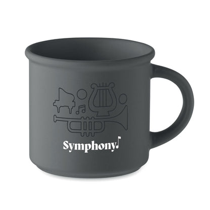 Taza de cerámica gris estilo vintage personalizada con un logotipo con 2 colores 
