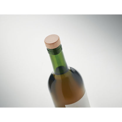botella de vino verde con tapón de botella de madera de haya reutilizable
