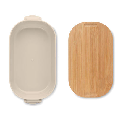 Fiambrera ligera beige y tapa de bambú.