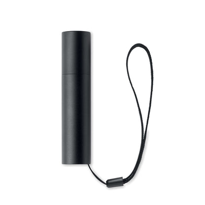 Linterna recargable circular negra con 110 lúmenes y función zoom.