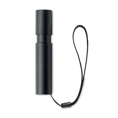 Linterna recargable negra con zoom y batería integrada para uso prolongado.