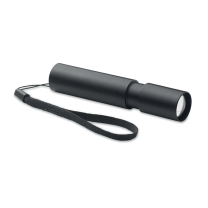 Linterna negra circular con batería recargable de 400 mAh y cable USB.